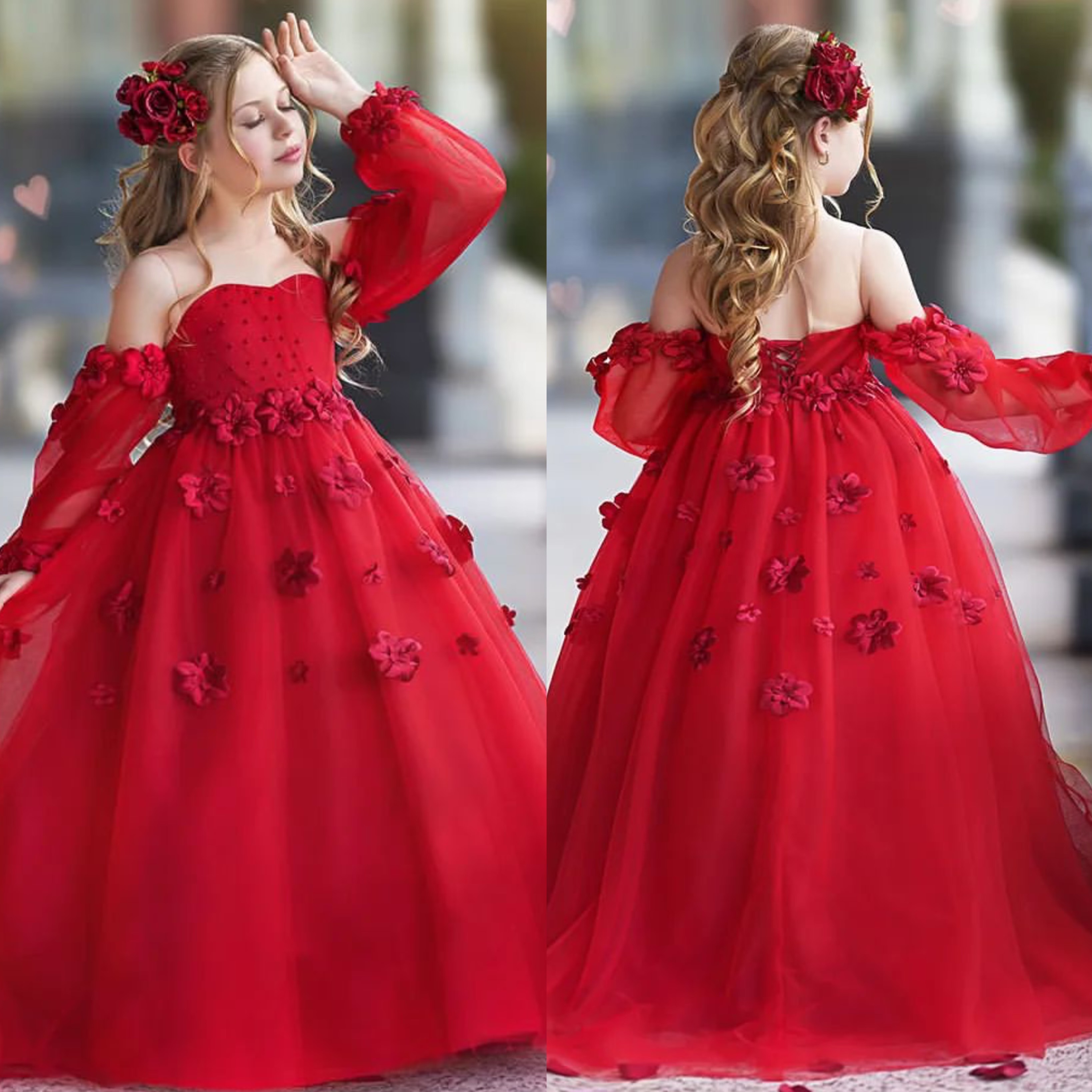Red wer Girls Dresses sheer jewel long sleeves girl Pageant Gowns toddler First Communion Dress or length appliqued Kids Formal Wear