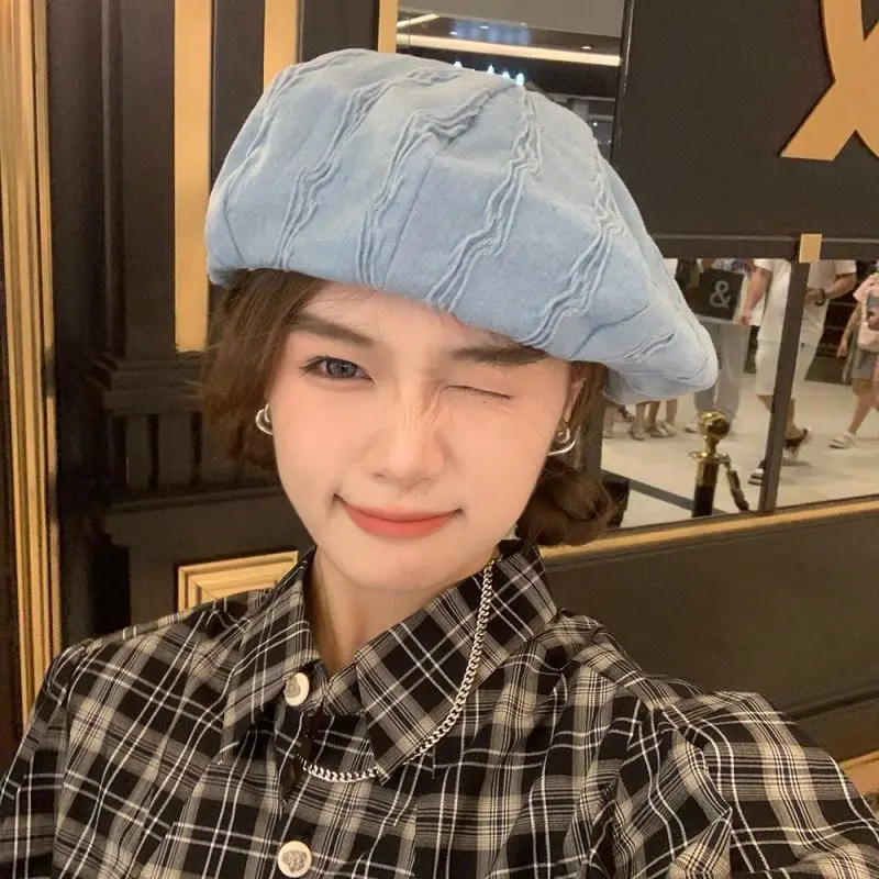 Niche Y2k Pleated Women's Denim Beret Big Head Circumference Japanese Painter Cloud Hat ddmysmile Washed Denim Berets Smile