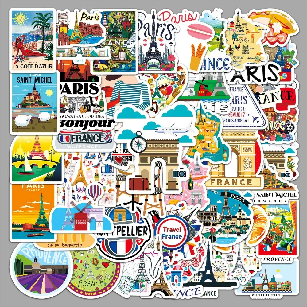 French Famous Paris 10/50pcs Tourist Landmark Check-in Attractions Stickers Travel DIY Travel Hand Account Guka Decal Kids Toys smile