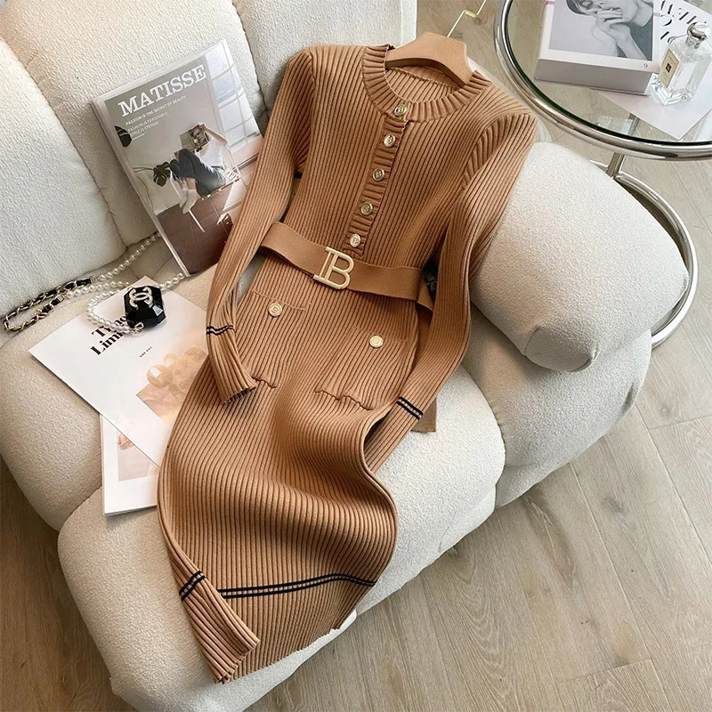 Autumn Winter Women Knitted Dress Fashion O-neck Buttons Bodycon Sweater Dress with Belt Lady Office Dress 241108