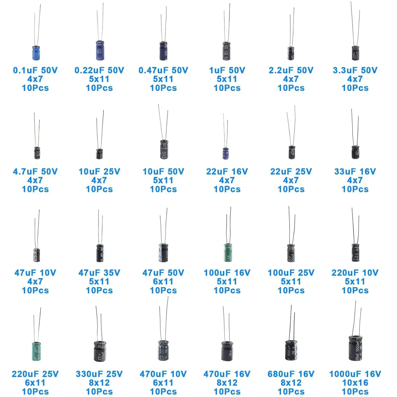 240pcs Aluminum Electrolytic Capacitor Electrolytic Capacitors Kit 24Value Range 0.1uF-1000uF Capacitors Assortment Kit