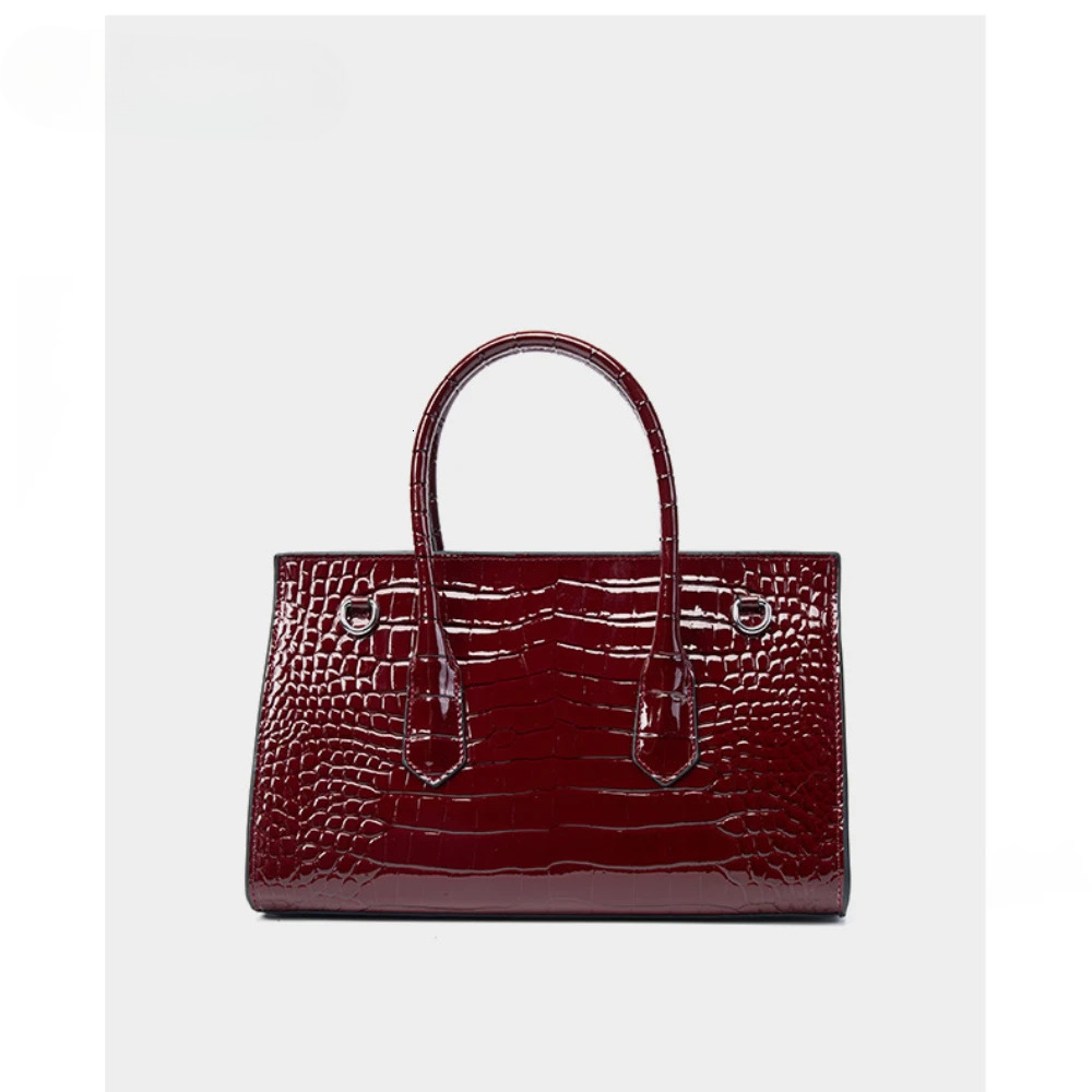 Leisure Fashion All-Match Wine Red Large Tote Glossy Hard Patent Cow Leather Women Handbag Business Office Shoulder Bag Patent Leather Cover Style Bag