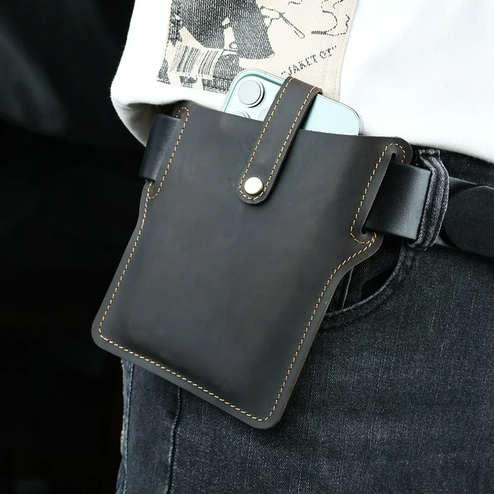 Leather Horse Moterm Crazy Men Waist Bags New Retro Wear Resistant Mobile Phone Bag Leisure Cowhide Male Belt Pouch Wholesale smile