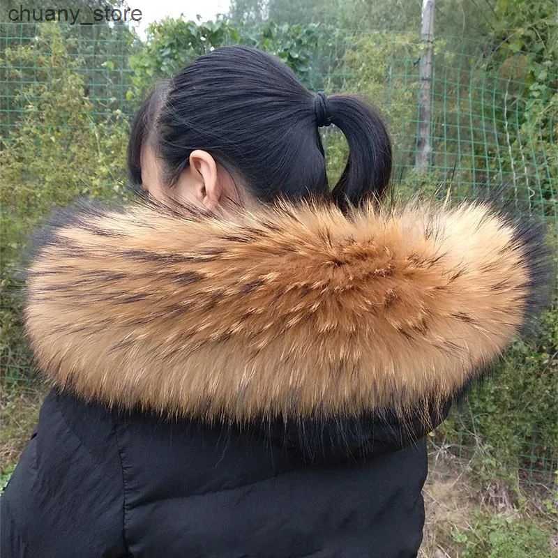 Scarves Winter Real Fur Collar Raccoon Luxery Scarf Furry Neck Warmer Women Men Fluffy Natural Fur Shawl Fur Trim Coat Hood Scarves L240910