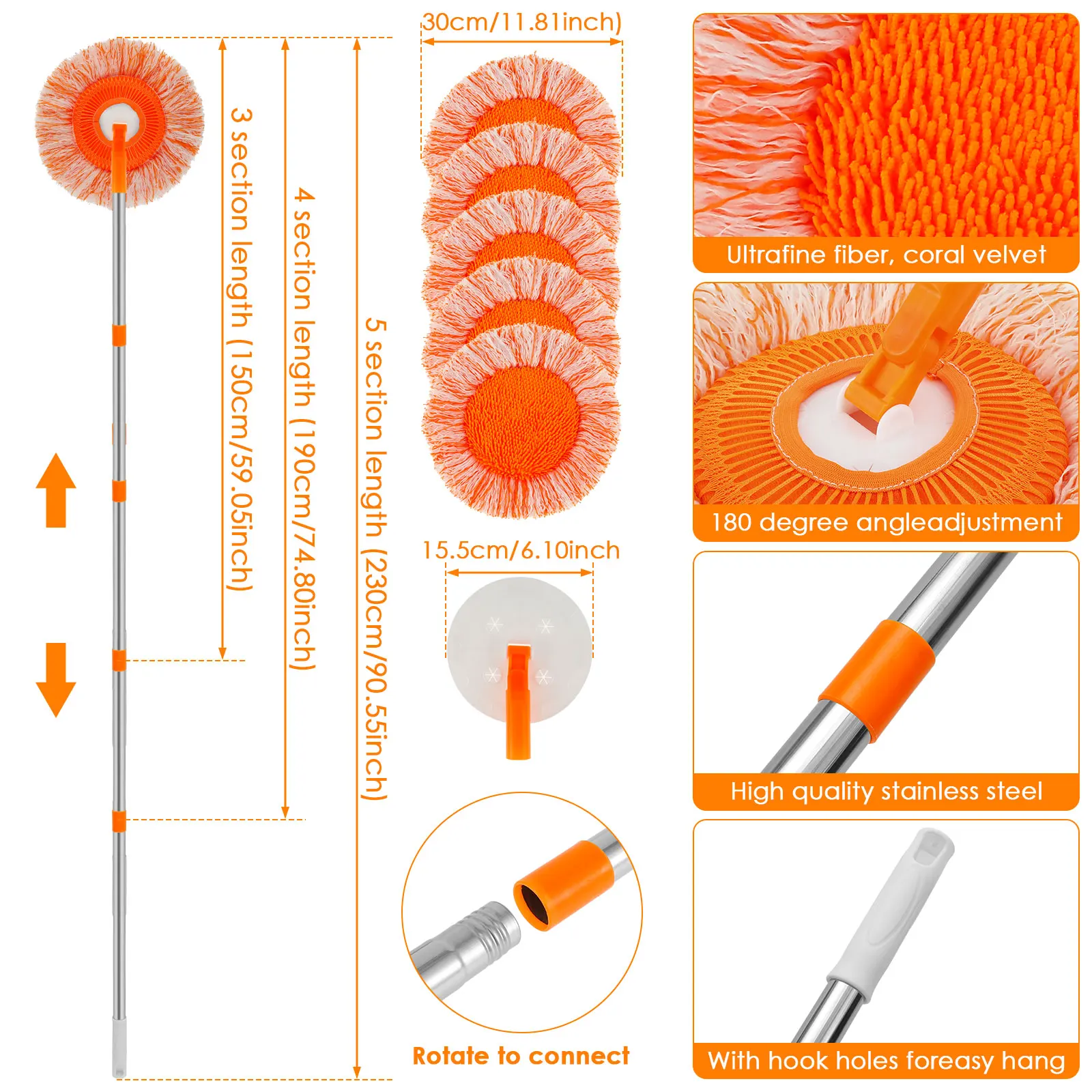 Microfiber Mop Set Rotatable Round Cleaning Mops Wall Cleaner with 4 Poles and 4 Mop Heads Floor Wall Multifunctional Clean Tool