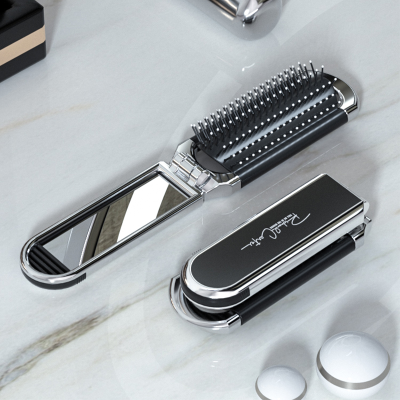 Hair Mini Folding Brush Massage Comb Head Massage Anti-Static Portable Travel Hair Brush Girl Hair Combs With Mirror smile