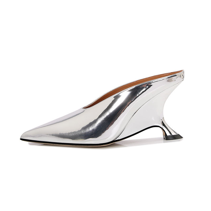 surface patent leather women's shoes, new high sloping heels, slippers, fashionable