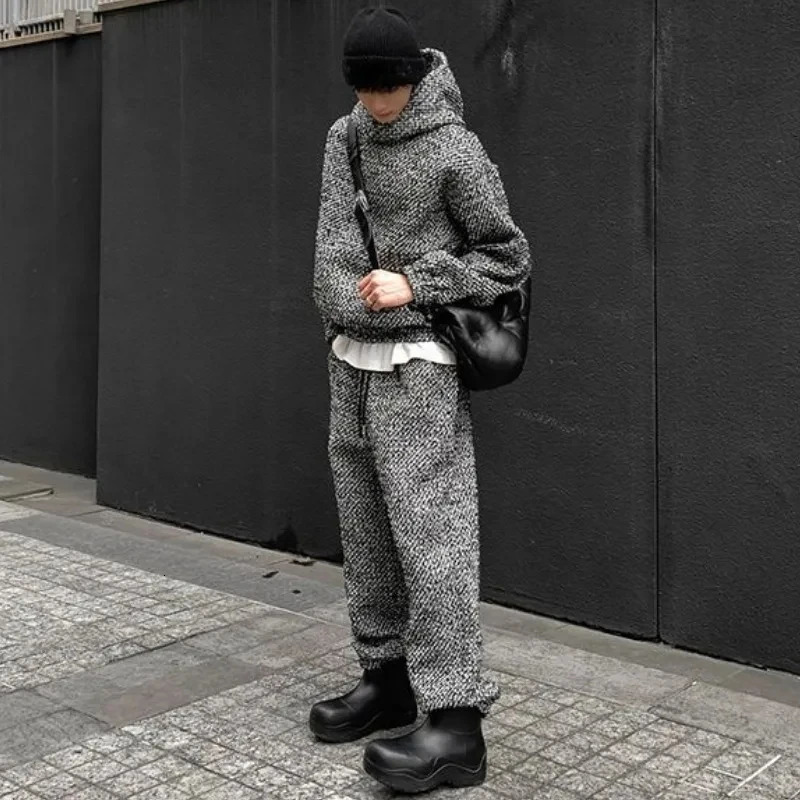 Mens Korea Harajuku Set High Street Xiaoxiangfeng Hooded Sweatshirtbaggy Straight Pants Male Retro Sets Spring Fashion Suit 240320