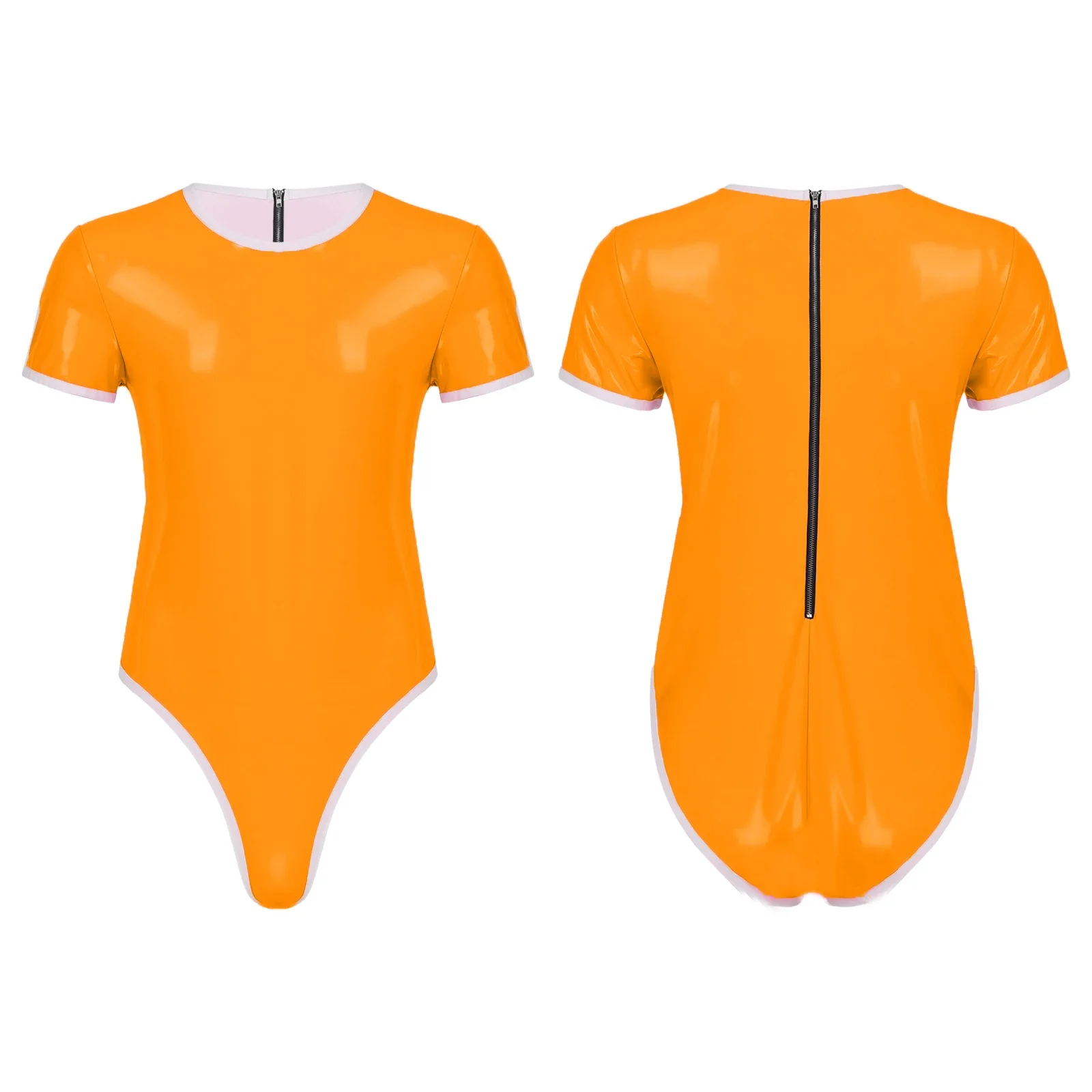 Bodysuit Lingerie Bondage Sexy Short Sleeve Round Neck Faux Leather Catsuit Back Zip Jumpsuit Sex Sheath Tight Clubwear S-7XL smile