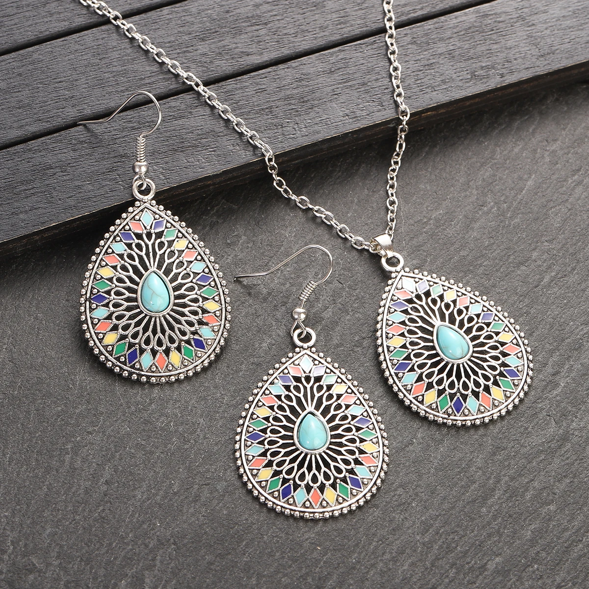 Ethnic Sier Color Classic Water Drop Jewelry Sets Ladies Bohemia Colorful Flowers Pendant Necklace Earring Woman Jewelry Gift smile