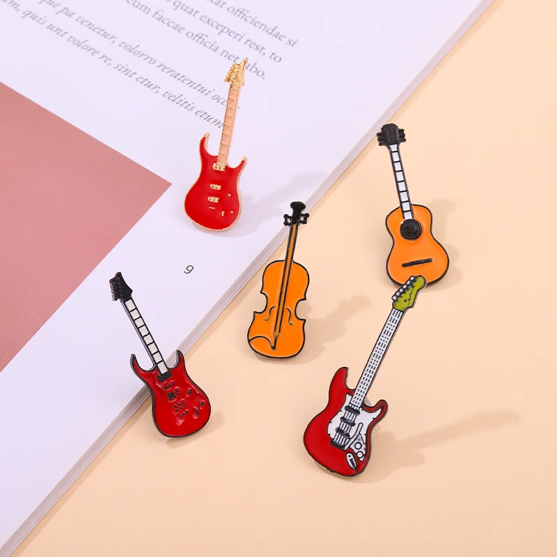 Creative Musical Instrument Enamel Pins Guitar Violin Bass Brooch Metal Rock Orchestra Lapel Badges Jewelry Gifts