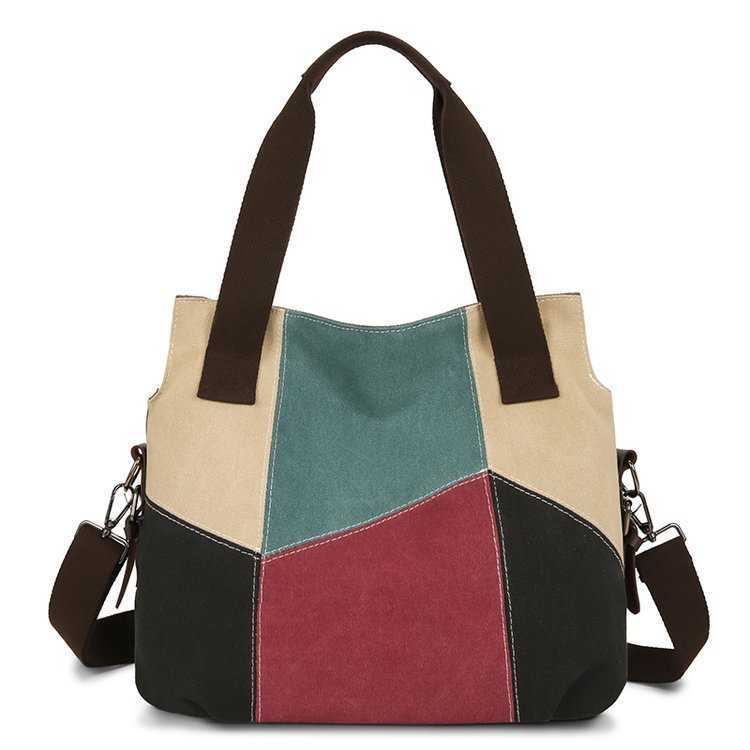 Simple and fashionable women's bag contrast canvas bag women's large capacity contrast splicing cloth bag new one shoulder handbag