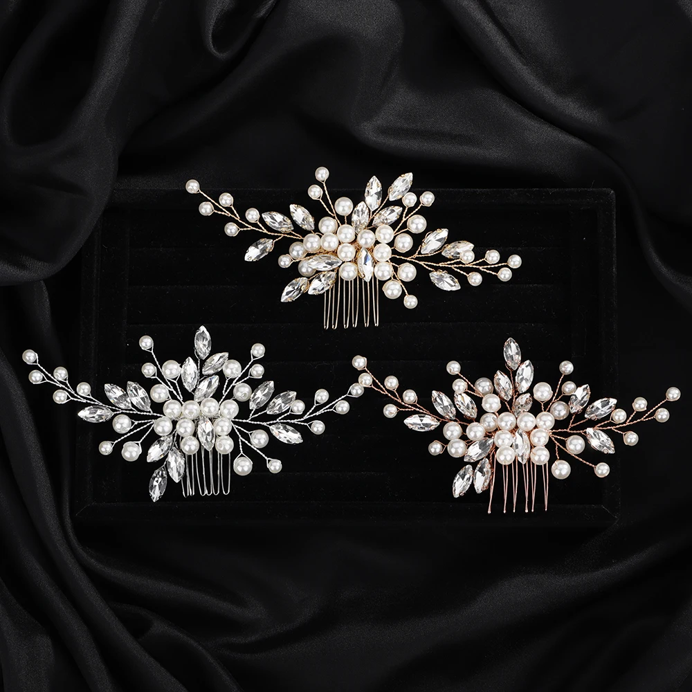 Rhinestone Wedding Hair Trendy Comb Sier Gold Pearl Bridal Headpiece Bride Party Head Accessories Jewelry Handmade Women Tiara smile