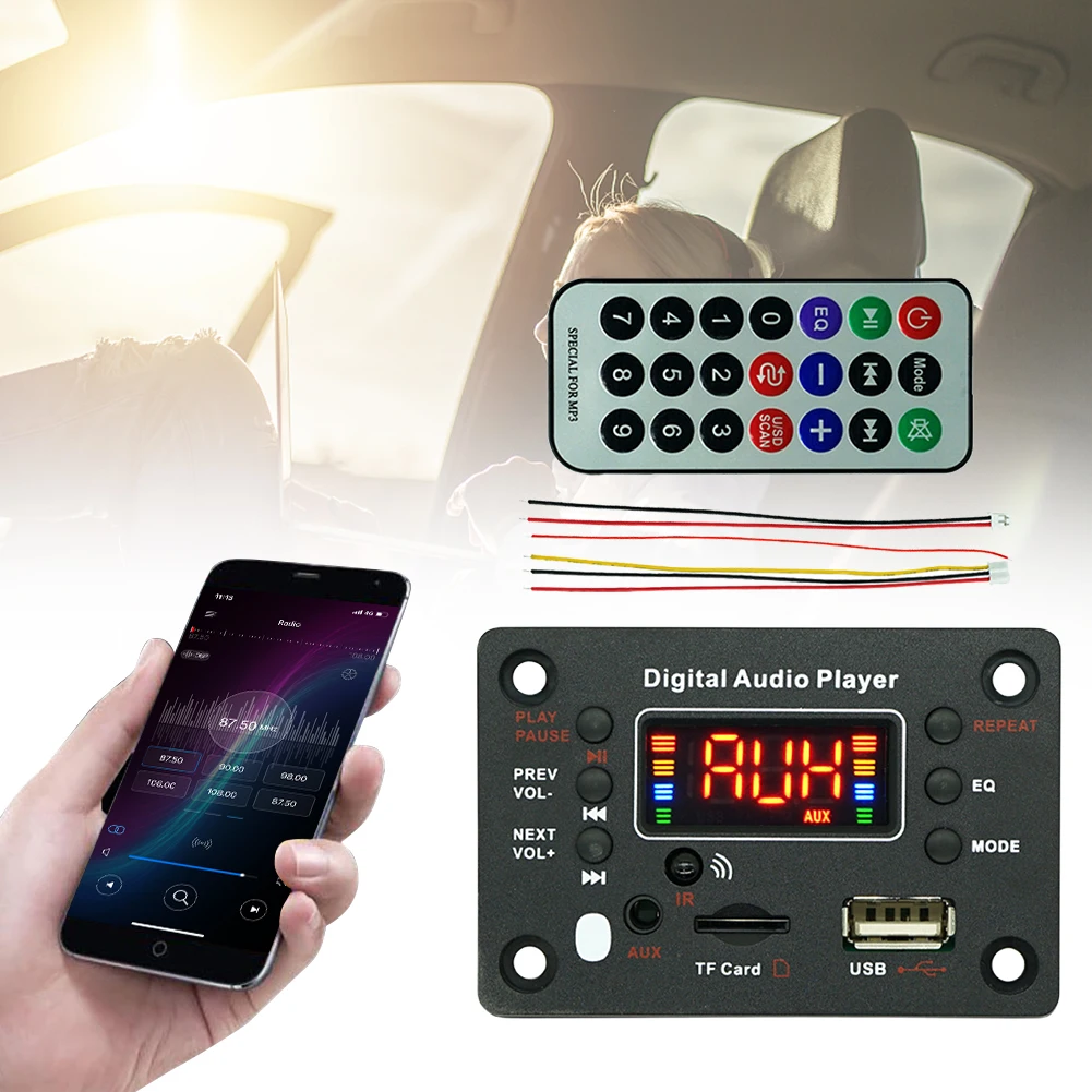 Car Audio USB TF AUX FM Radio Module MP3 Music Player Speaker DC 7V-12V Bluetooth 5.0 MP3 WMA Decoder Board with Remote Control