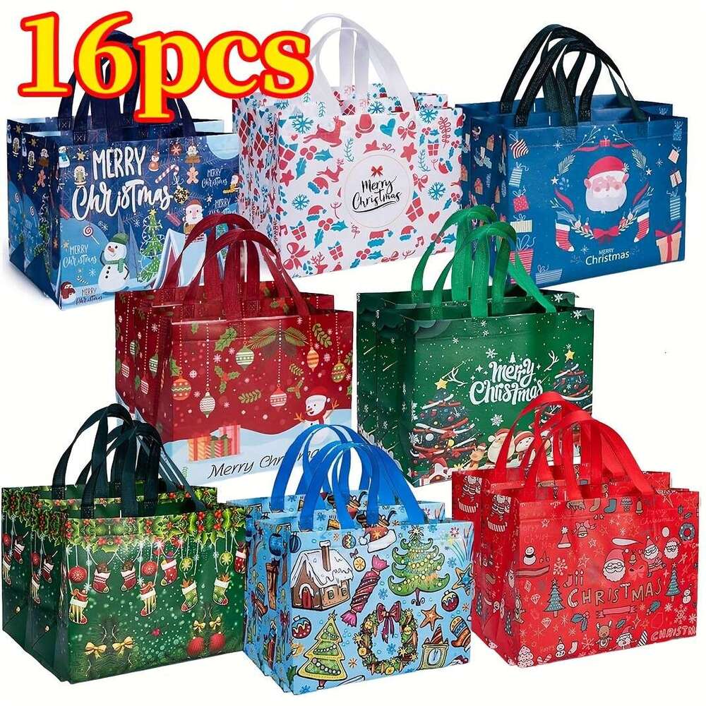 Christmas 8/16pcs Large Gift Tote Bags with Handles, Reusable Non-Woven Shopping Bags, Suitable for New Year, Christmas Decoration Party Supplies