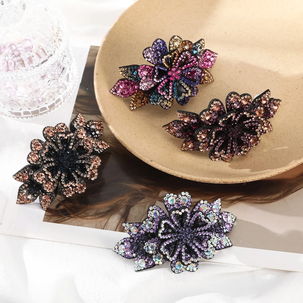 Rhinestone Full AWAYTR Elegant ddmysmile Flower Hair Clip Barrettes Headband For Women Hair Accessories Crystal Hairpin Spring Clips Smile