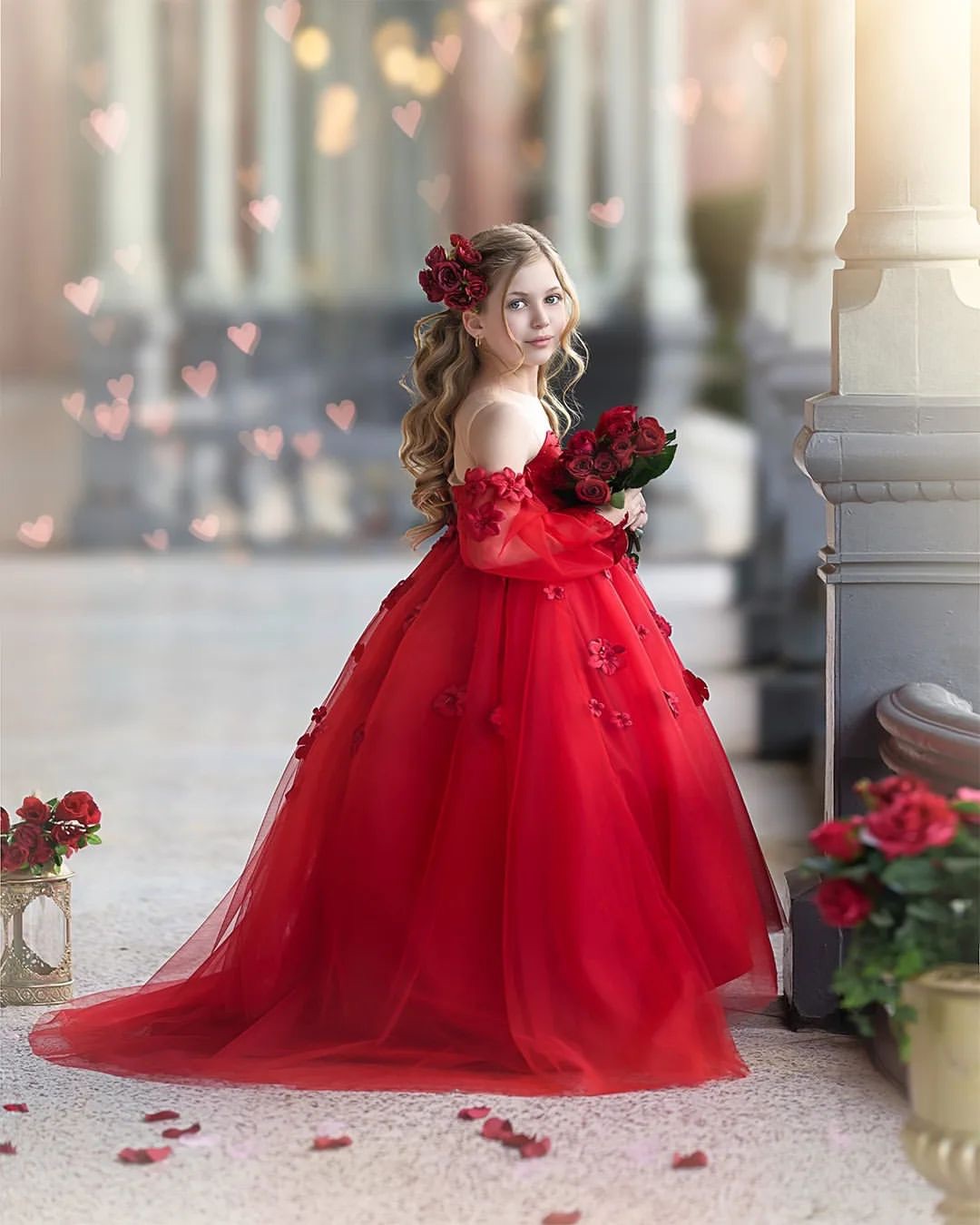 Red Flower Girls Dresses Sheer Jewel Long Sleeves Girl Pageant Gowns Toddler First Communion Dress Floor Length Appliqued Kids Formal Wear 0515