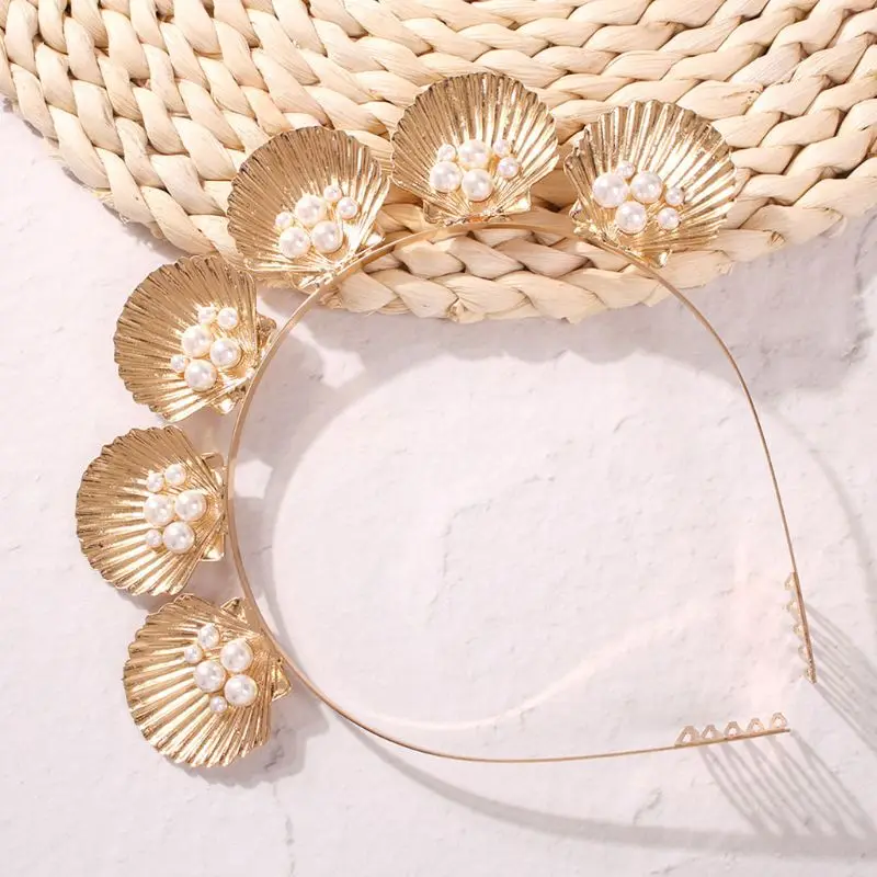 Style Golden for Marine shell Tiara Crown with Comb Faux Pearl Beaded Wedding Br Drop Shipping smile