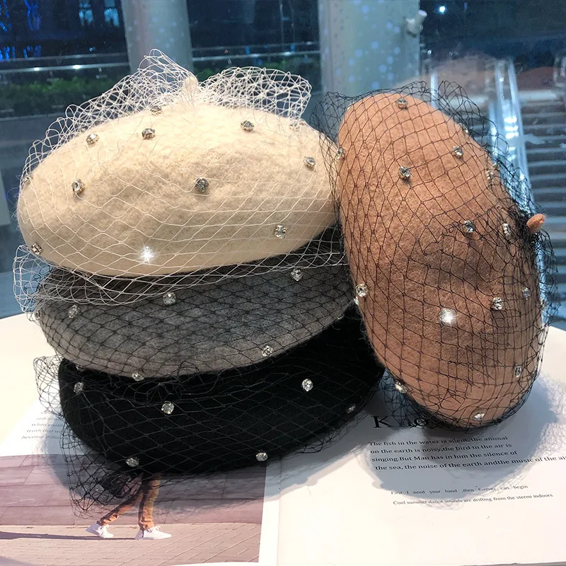 Pearl Caps Dia Water Autumn Winter Female Beanie Pumpkin Women Mesh Veil Wool Beret ddmysmile Vintage New Trend Painter Hat Smile