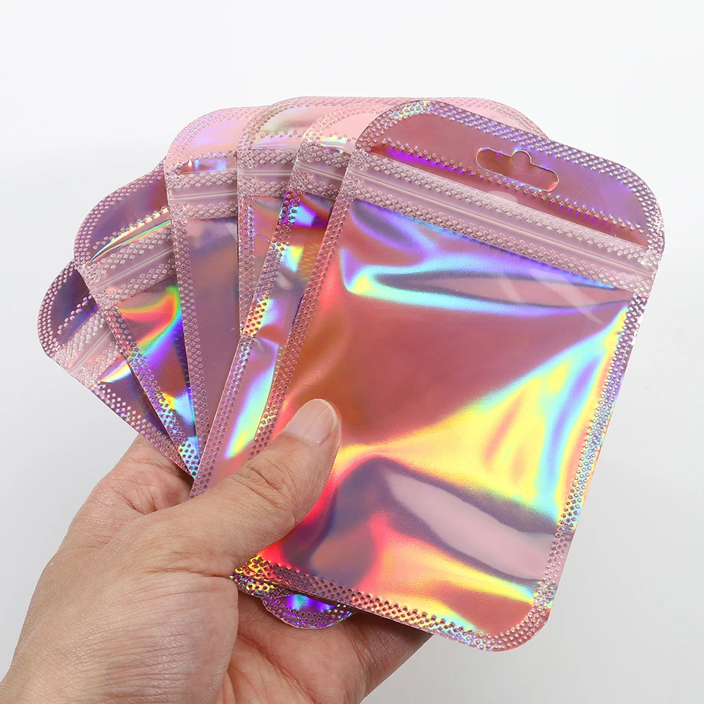 Iridescent Sealing 50pcs Self OPP Bags Laser Iridescent Zip lock Resealable Package Pouch Retail DIY Jewelry Storage Accessories smile