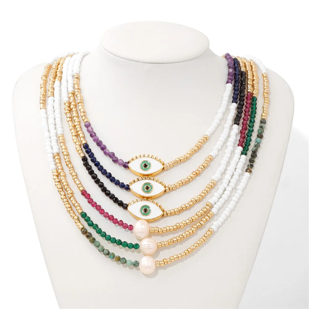 Stone Mini Natural Small Bead Necklace Evil Eye ddmysmile Freshwater Pearl Charm Necklace Reki Chain Necklace Choker Jewelry For Women Smile