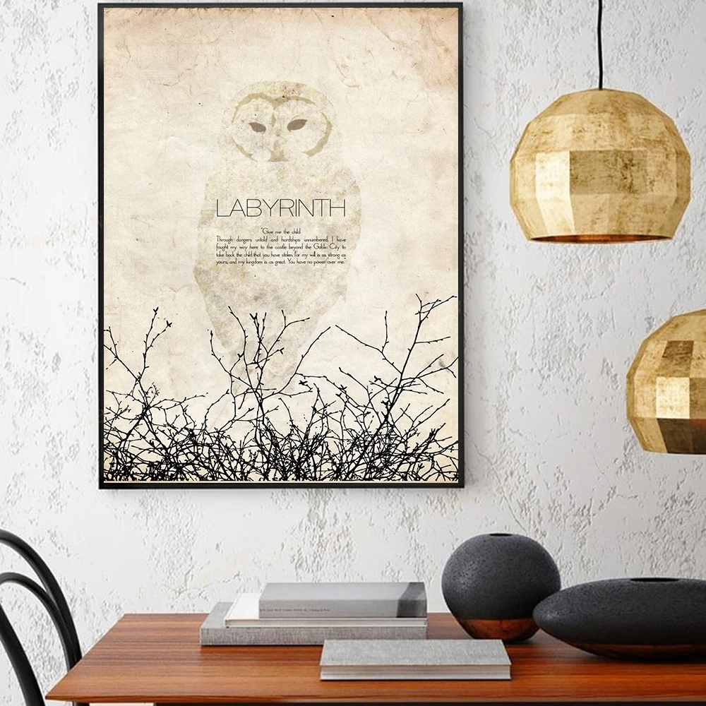 Movie Fantasy Labyrinth Cult Poster Goblin King Classic Quote Snowy Owl and Thorns Silhouette Print Canvas Painting Nordic Decor smile