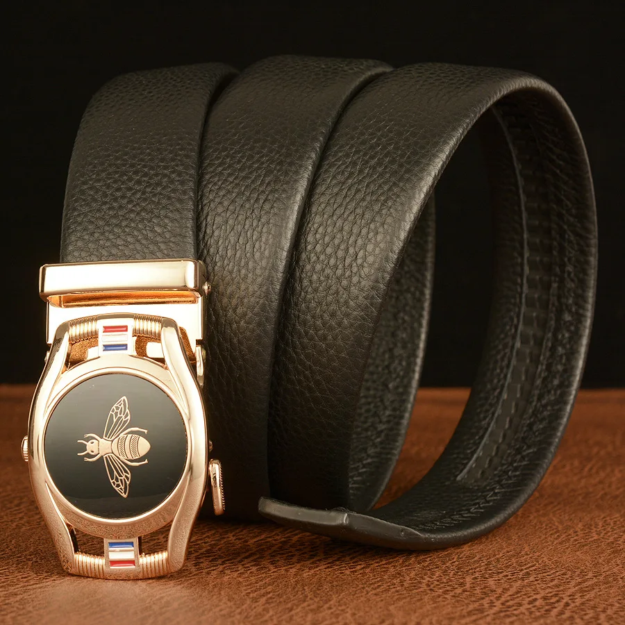Buckle Brand Men Automatic Belt Genuine Leather Bee Pattern Male Belts Casual 3.5cm Width High Quality Cowhide Waistband smile