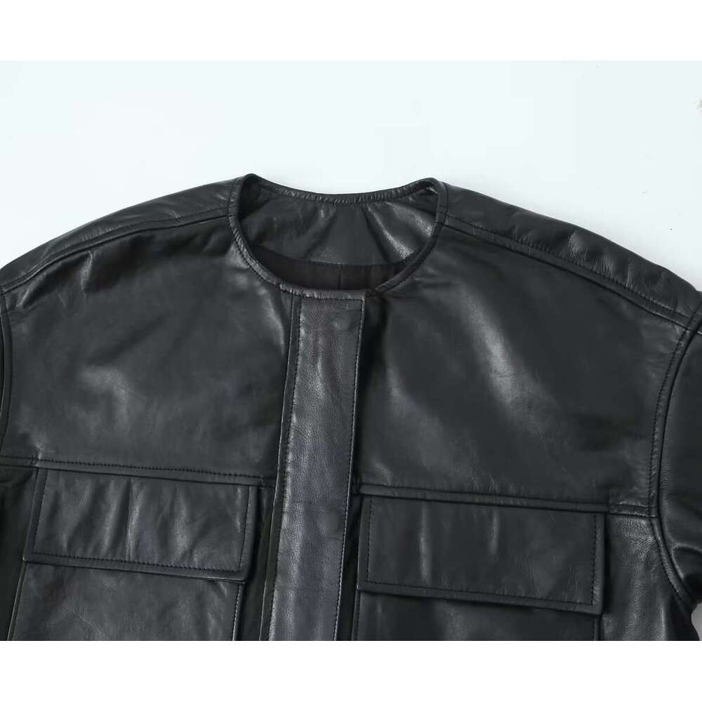 shanshi leather jacket women Autumn New Women's Fashion Round Neck Leather Pocket Jacket Coat