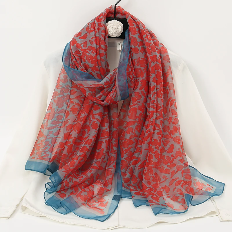 Scarf Silk Lightweight Through Women Foulard Thin Stoles Beach Travel Tippet Floral Long Veil Scarves Soft Premium Pareos smile