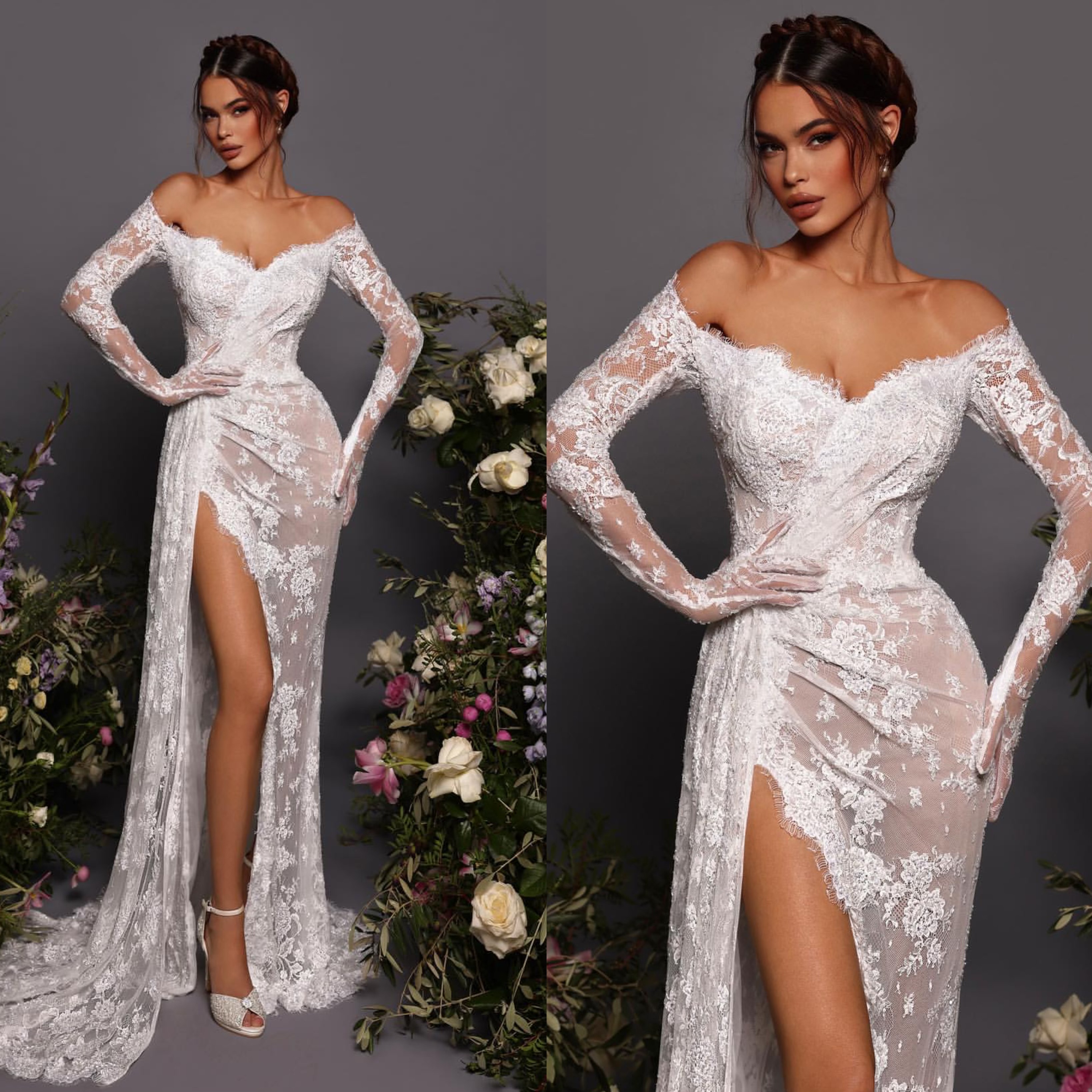 Gorgeous Lace Mermaid Wedding Dress for Off Shoulder Long Sleeves Wedding Dresses Bridal Gowns Split Designer Bride Dress