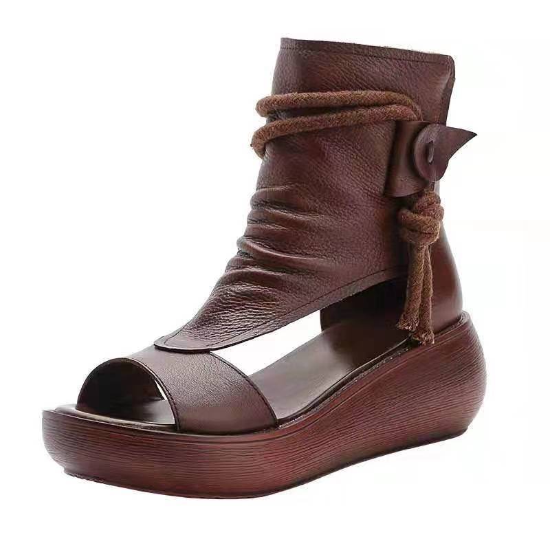 Shoes for Women Ladies Vintage Pu Leather Boots Fashion Women Sandals Summer Mid Heels Wedges Shoes Sandalias Mujer Sneakers