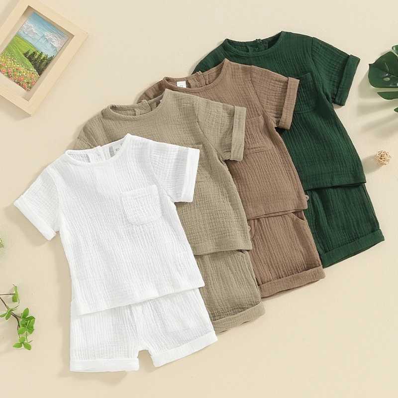 Clothing Sets Newborn Baby Boys Summer Clothes Sets Solid Cotton Linen Pocket Short Sleeve T-shirts+Button Pocket Shorts Beach Casual Outfits