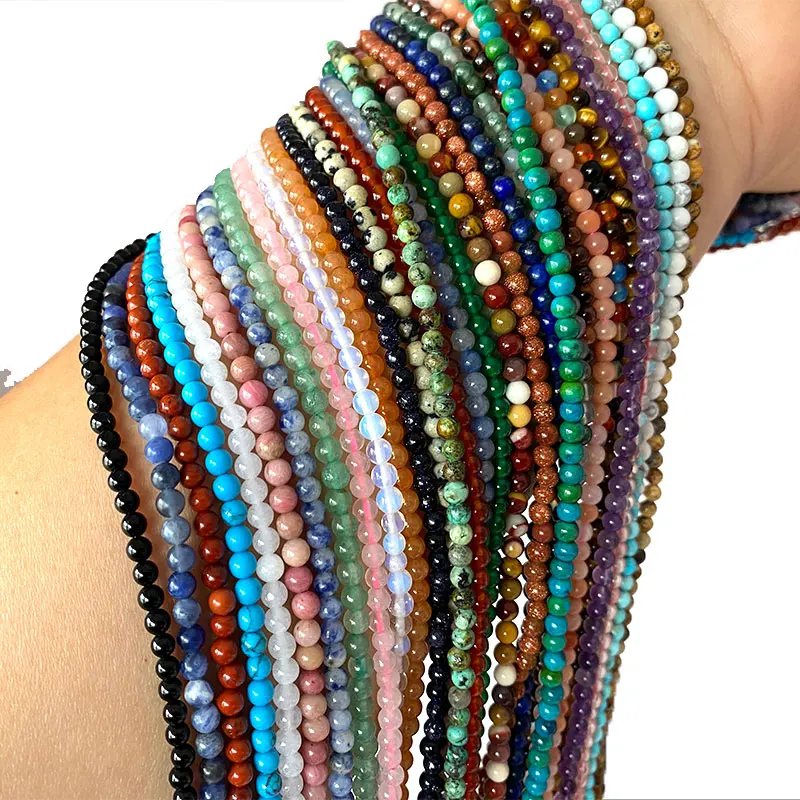 Natural Gemstone Beads 2MM 3MM Sunstone Green Jade Amethyst Rose Quartz Turquoise for Jewelry Making Diy Bracelet Accessories