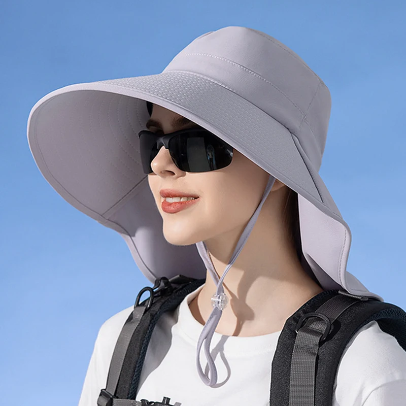 with Hat Women Bucket Shawl Summer 12cm Big Brim Sun Hat Quick Drying Outdoor Hiking Fishing Panama Cap Breathable Horsetail Hat smile