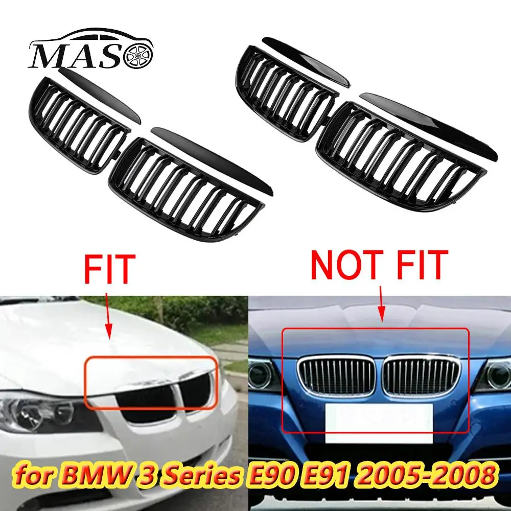 2pcs Matte/Gloss Black Front Bumper Kidney Grille Grill Hood Mesh Double Line for BMW 3 Series E90 E91 2005 2006 2007 2008