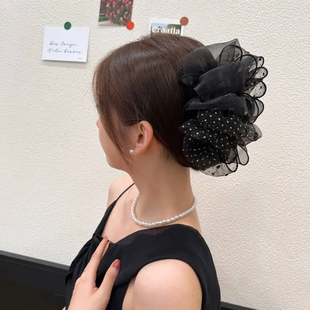 Double-sided Elegant Dots Black Mesh Bow Hair Claw Clips Large Crab Clip Barrettes Shark Clip Hair Accessories for Women smile