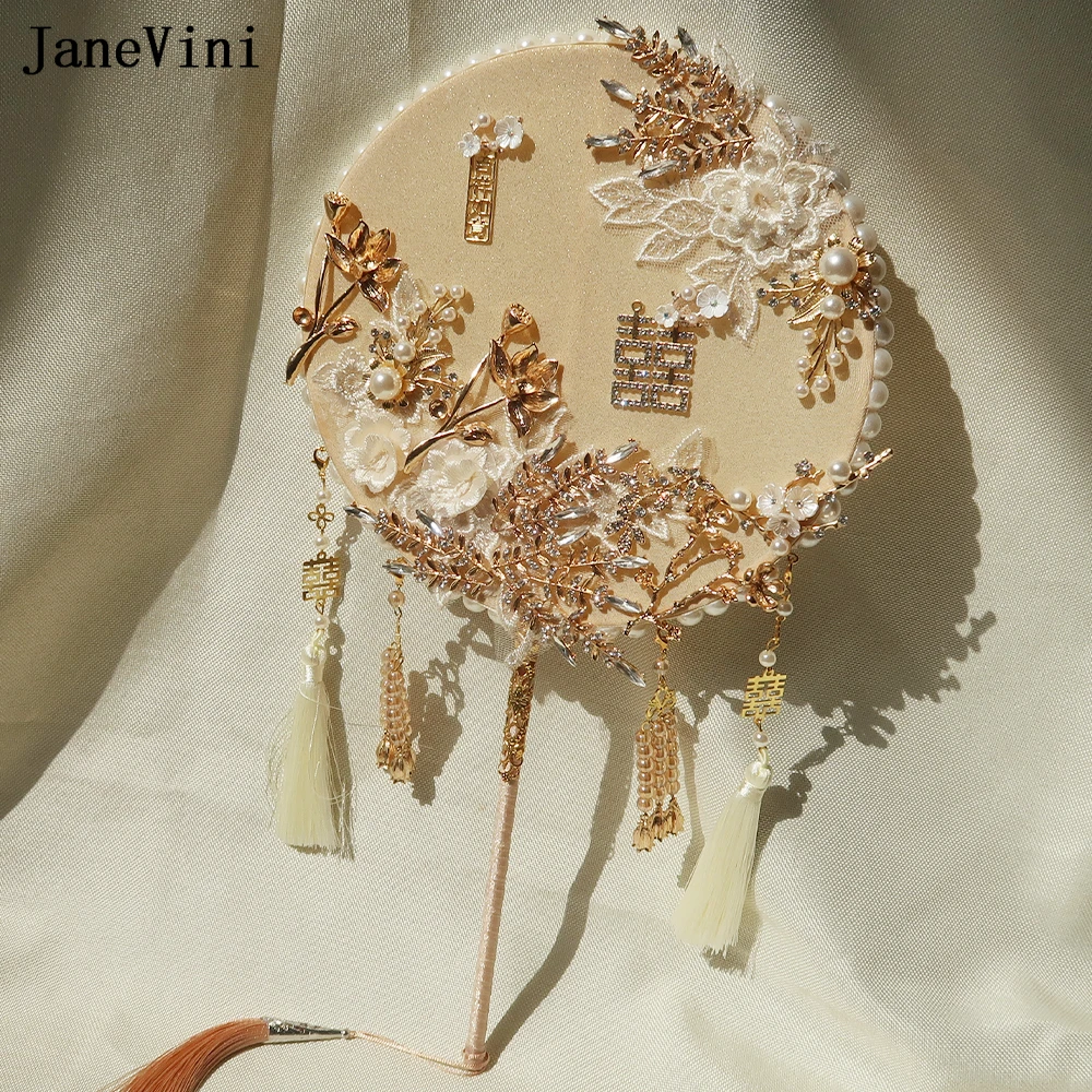 ddmysmile Gold Pearls Janevini Beaded Wedding Fan Lace Flowers Chinese Bridal Hand Fan Ancient Tassel Bride Bouquet De Mariage Smile