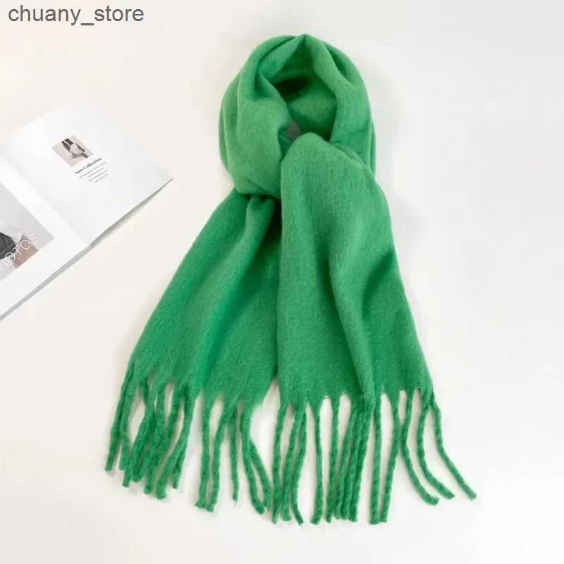 Scarves 210*40cm Solid Green Womens Scarf Winter Fashion Versatile Large Shawl Cashmere Bandana Warm Thick Soft Big Tassel Women Scarf L240910 - view 7