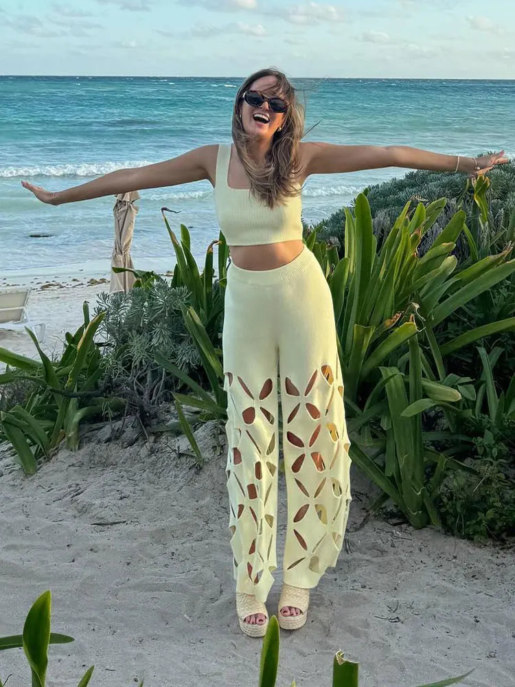Women Elegant Hollow Out Knit Pants Suit Casual Square Neck Cropped Tank High Waist Trousers Set 2024 Lady Vacation Chic Outfits 240407
