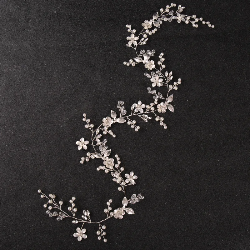 Flower Rhinestone Crystal Long Pearl Headbands Hairbands Tiaras For Bride Women Wedding Hair Accessories Ornaments Jewelry Gift smile