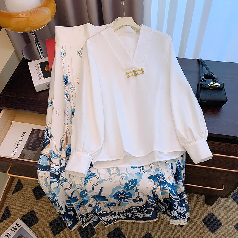 White Yourqipao Jacquard Modern Long Sleeve Shirt Black Horse Face Skirt Hanfu Suit Female Chinese Style Party Fairy Dresses smile