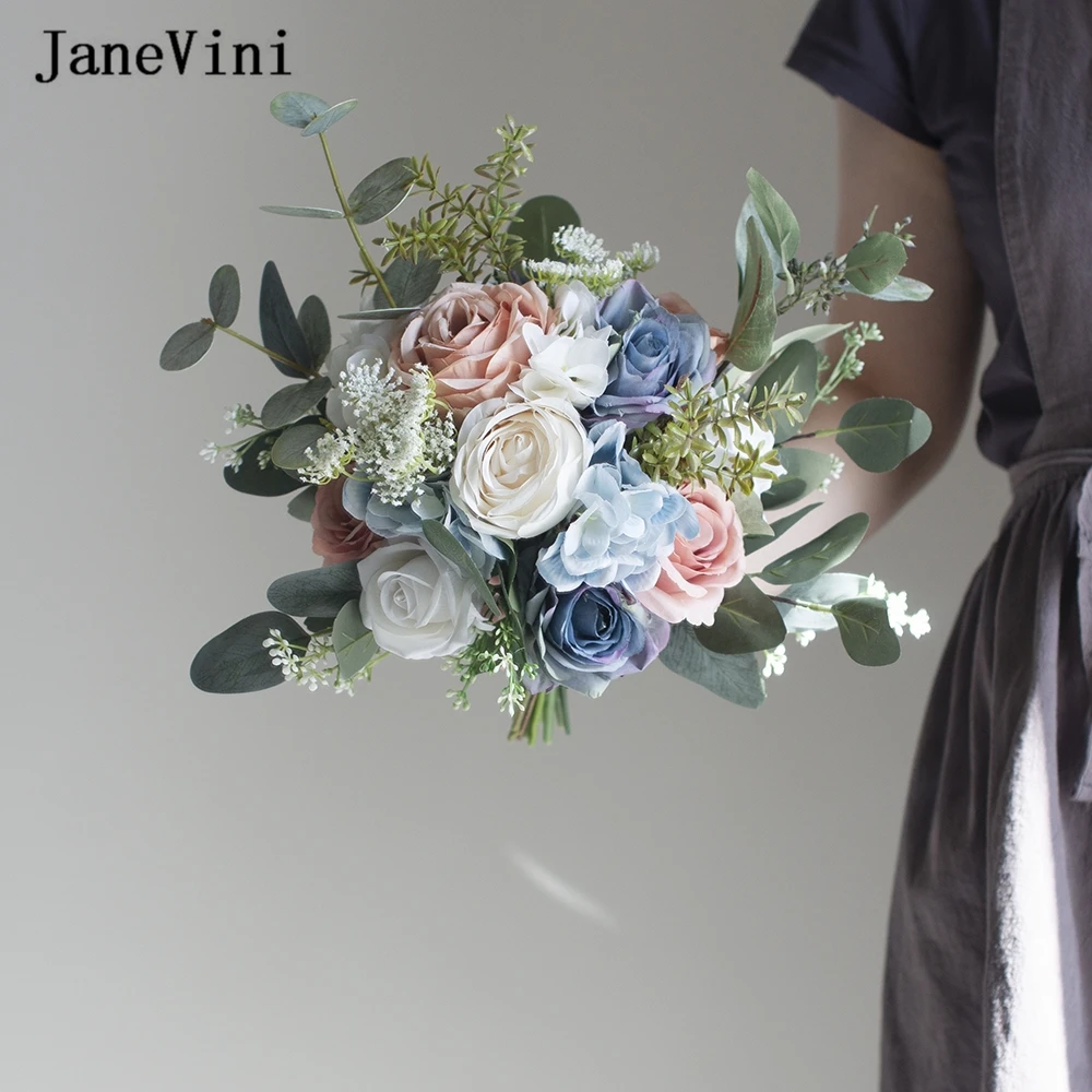 Wedding Janevini 2023 Romantic Bouquet Accessories For Bride Pink Blue Artificial Hand Holding Flowers ddmysmile Bouquets Ramo Para Novia Smile