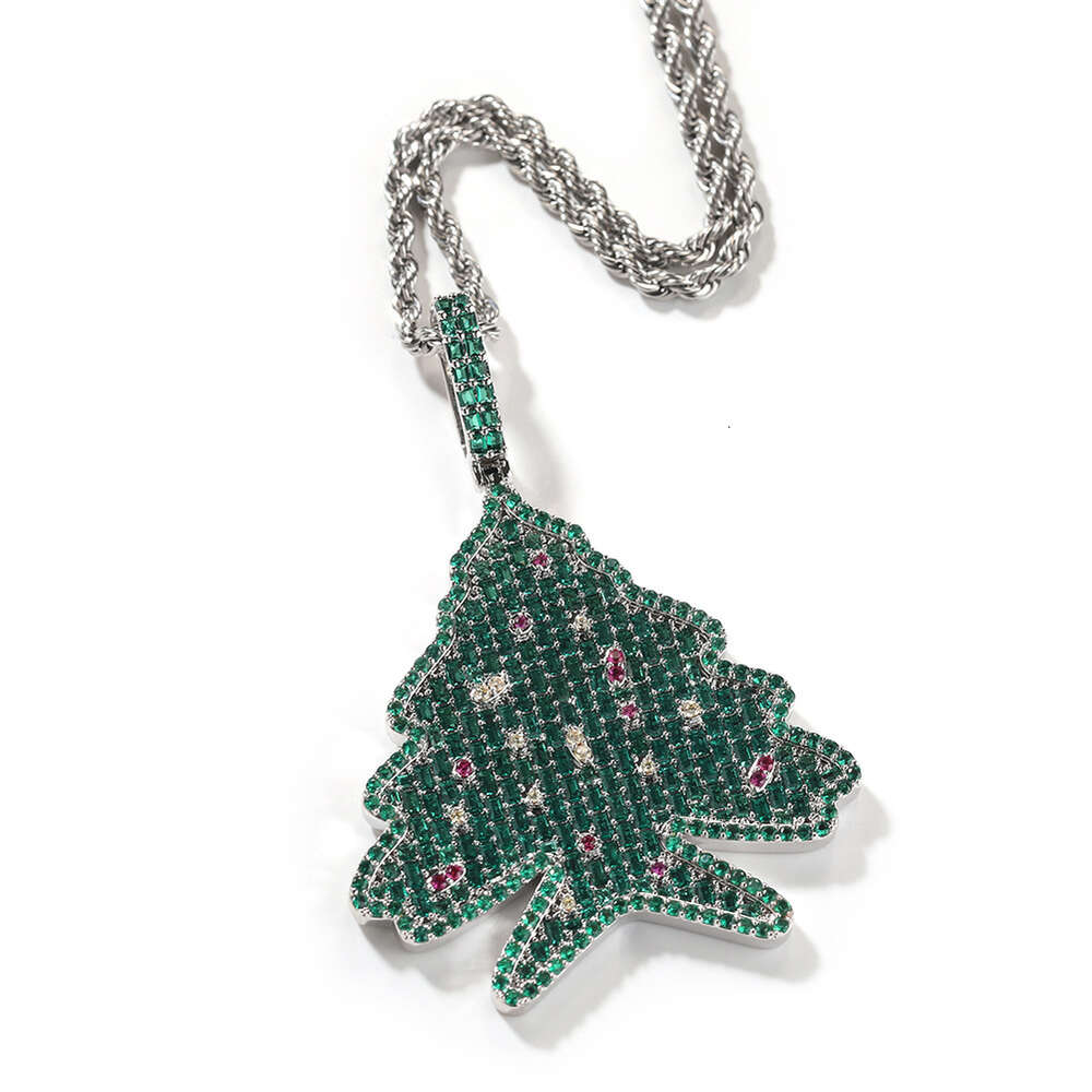 Top Quality Hip Hop Christmas Tree Pendant Necklace Winter Exclusive Copper Set Green Cubic Zirconia Unique Jewelry Accessories Gemstone Rapper Neckla