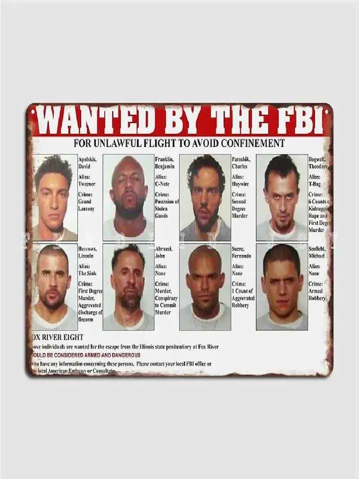 Prison Break FBI Wanted Poster Metal Plaque Retro Tin Logo Wall Decoration Kitchen Club Bar Cinema Retro Home Decoration W241109