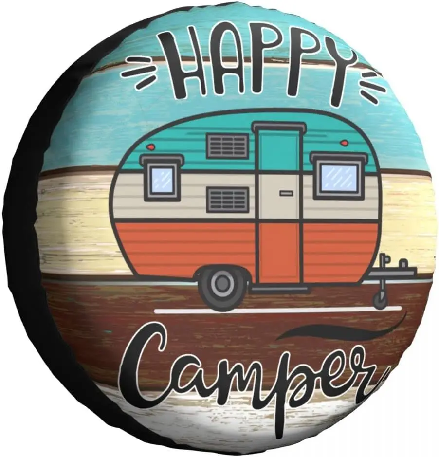 Happy Camper Tire Cover Waterproof Dust-Proof Universal Spare Wheel Tire Cover Fit for Trailer RV SUV Truck 14 15 16 17 Inch