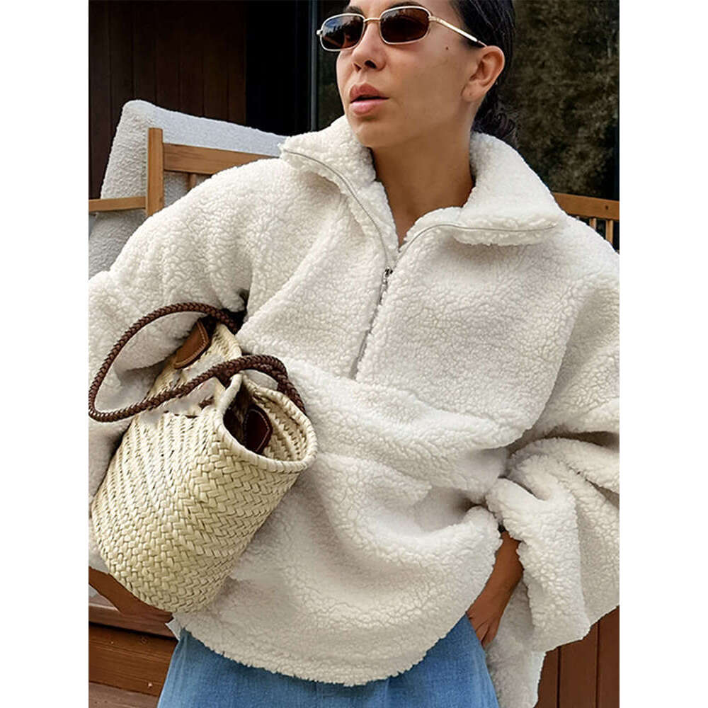 Elegant White Fleece Sweatshirt For Women Oversized Zippers Long Sleeve Pullover 2024 Autumn New Lady Casual Street Outwear