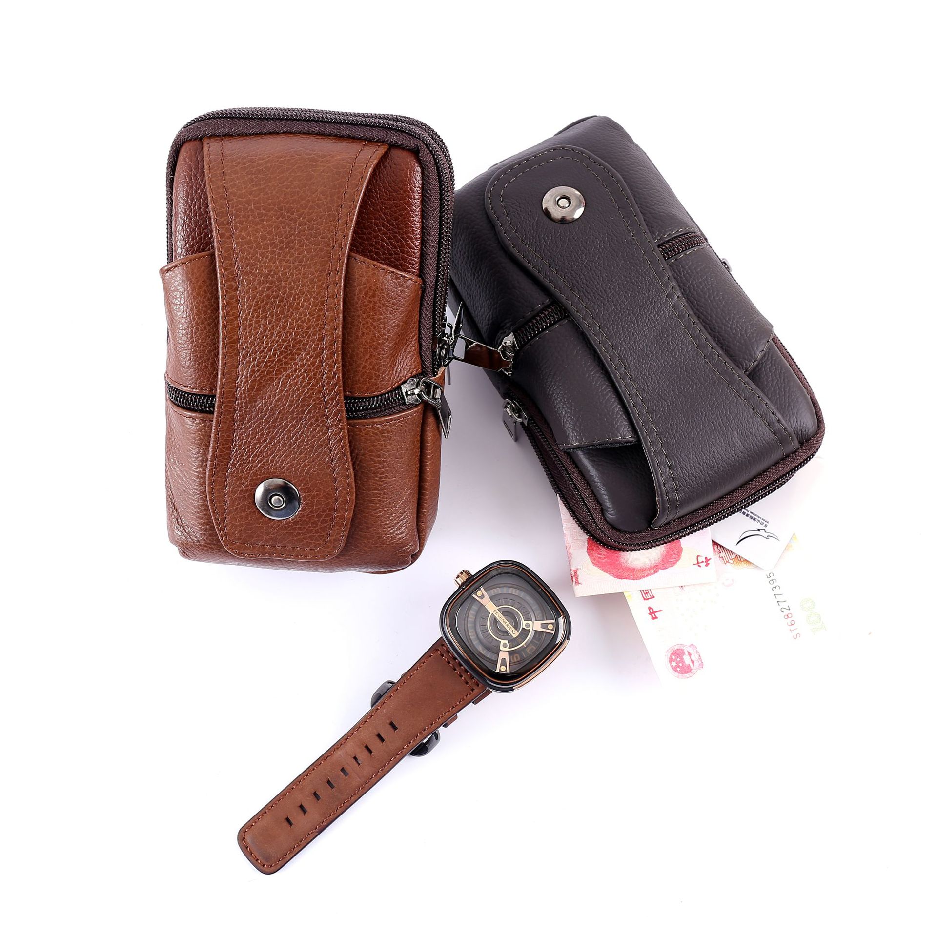 Bag Men Waist Leather Large Capacity Belt Bag Brown Shoulder Bags Crossbody Bags Multi-layer Buckle Mobile Phone Bag Bum Pouch smile