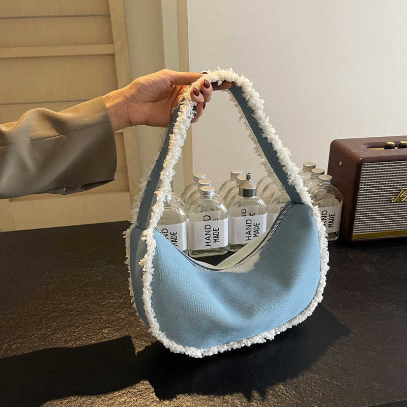 Women's Handbag 2024 New Lamb Wool Niche Design Underarm Canvas Small Bag New Crescent Shaped Bag Fur Burrs Wallet