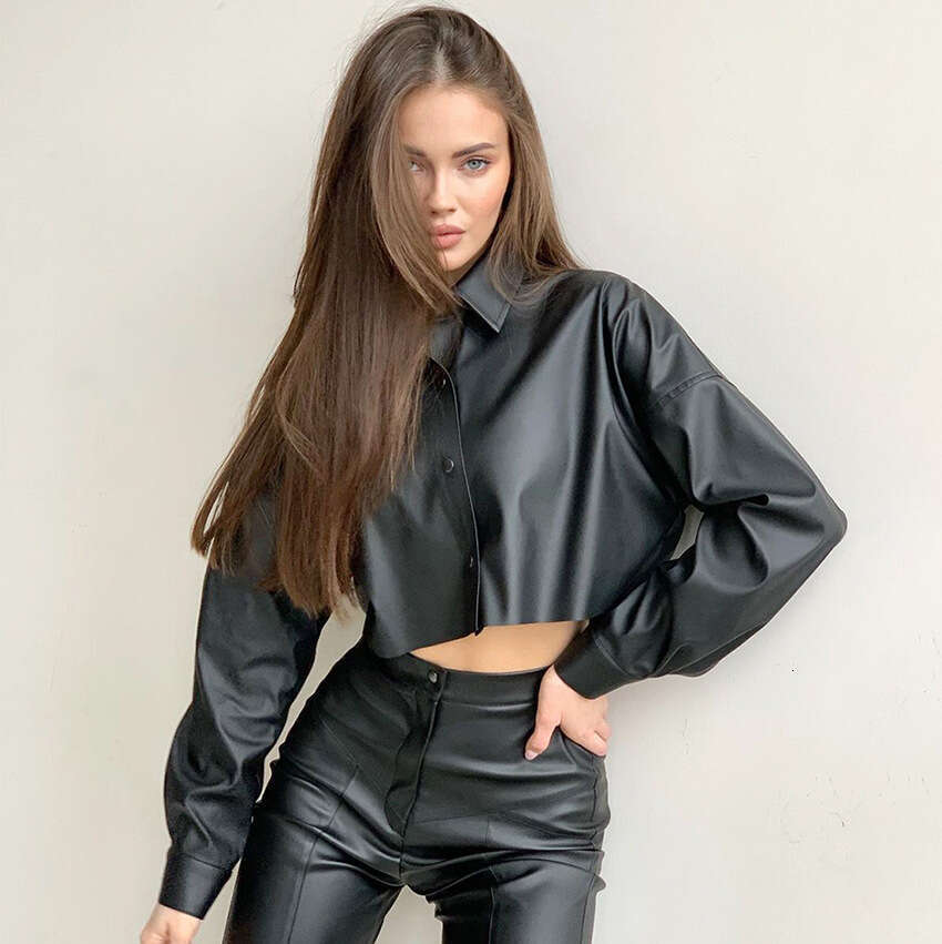 shanshi leather jacket women Autumn/Winter New PU Leather Clothes Women's Street Spicy Girls' Naked Top Long Sleeve Short Shirt Motorcycle S