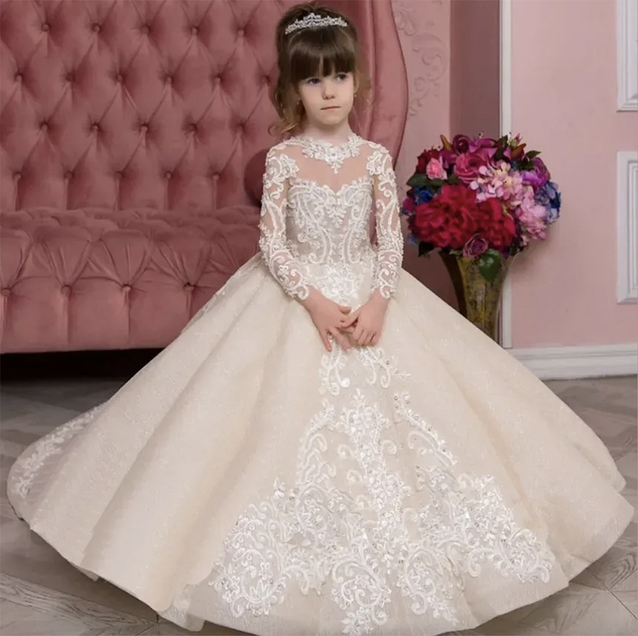 Princess Champagne Flower Dresses Vintage Long Sleeve Sheer Crew Neck Appliques Ruched Tulle Cute Girl Formal Party Gowns Pageant Wears 0509